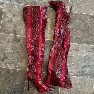 Red Snake Print Knee-High Boots RUNS SMALL